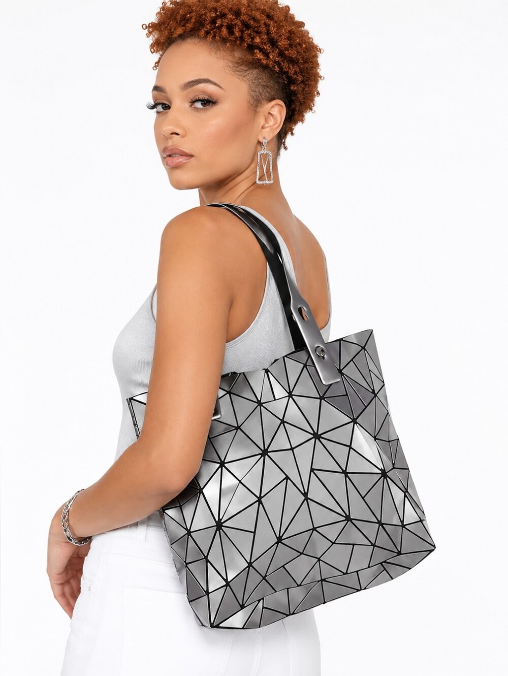 Silver Metallic Geometric Prism Panel Tote Bag